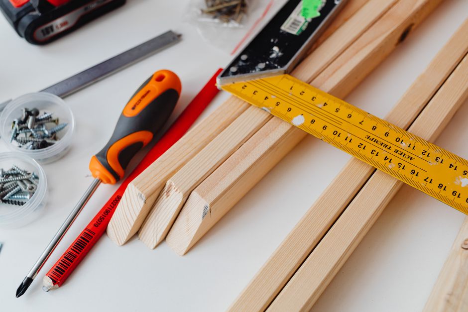 Home improvement tools and equipment organized for renovation work
