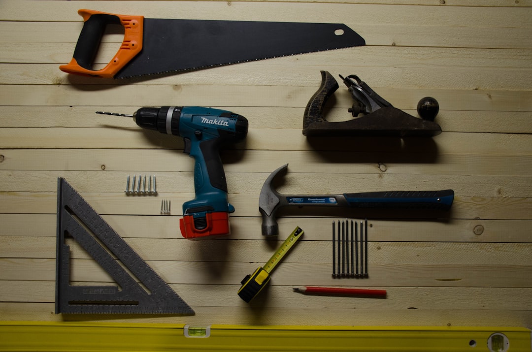 Home improvement tools laid out on a workbench